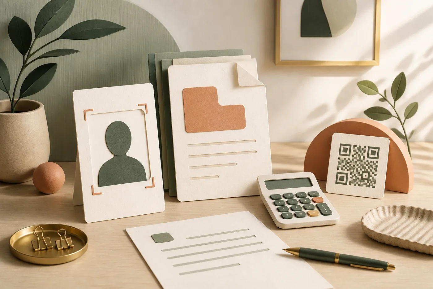 A calm desk with document, photo, calculator and QR code tools