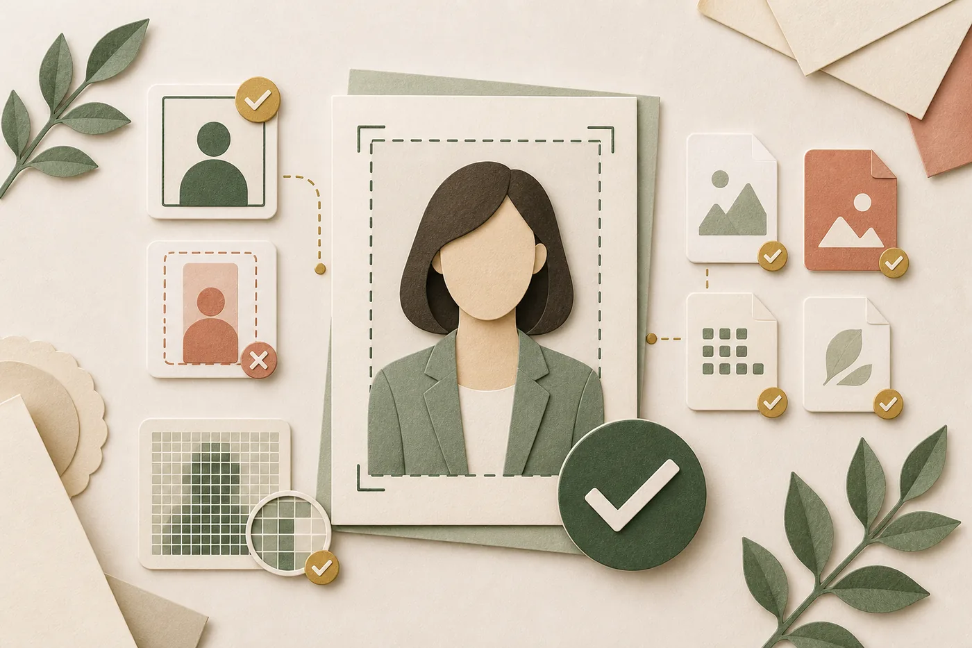 Illustration of a portrait photo being checked for crop, format and pixel requirements